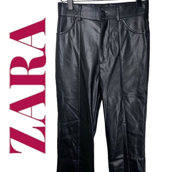 ZARA Faux Leather Slim Bootcut Flare Ankle Zip Full Length Pants Black, Size XS - Picture 4 of 16